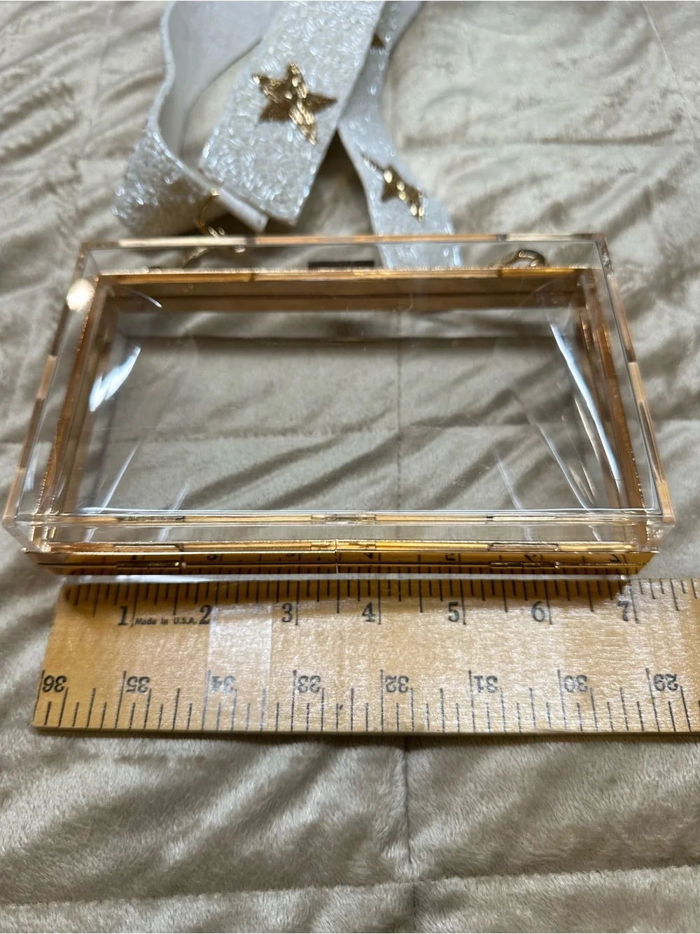 Clear Acrylic purse with Gold Trim and White Star Strap